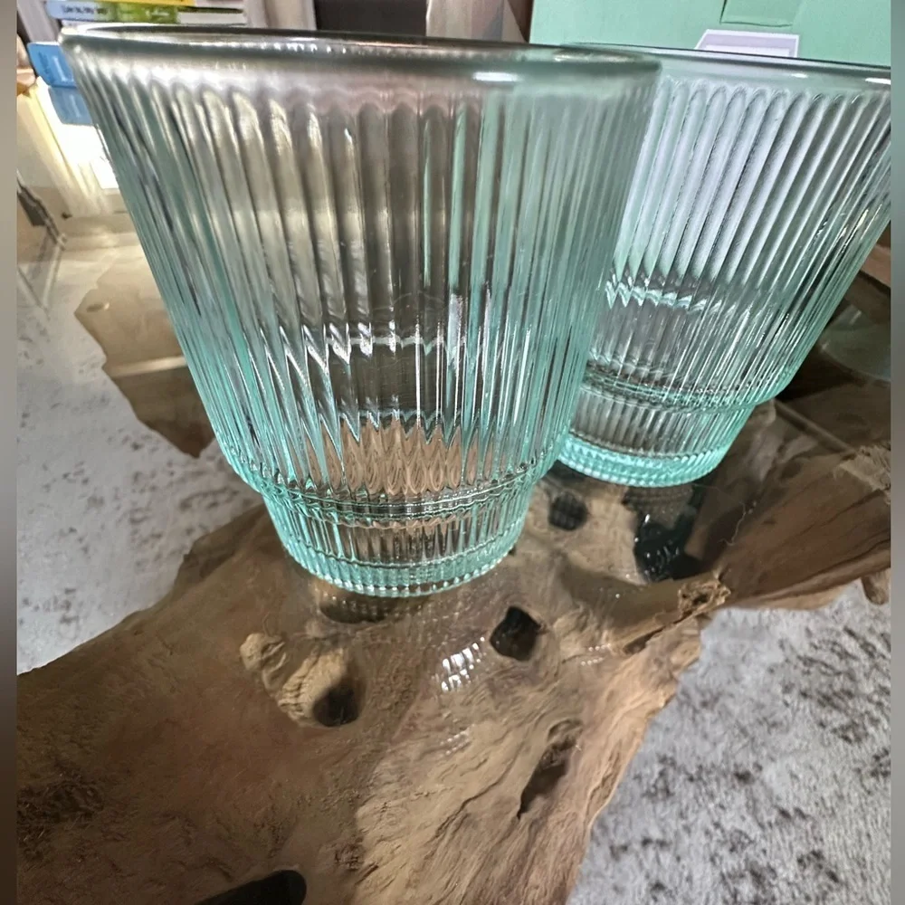 Jonathan Adler BIBA Ribbed Glassware Set of 2 NWT 13oz Aquamarine Glasses $98